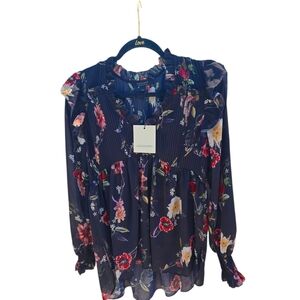 All Saints Red and Blue Ruffled Long Sleeve Blouse